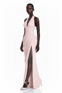 Bogdana Pink Halterneck Ruched Maxi Dress with Slit