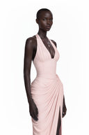 Bogdana Pink Halterneck Ruched Maxi Dress with Slit