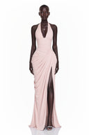 Bogdana Pink Halterneck Ruched Maxi Dress with Slit