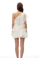 Ondine White One Shoulder Asymmetrical Pleated Top