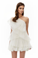 Ondine White One Shoulder Asymmetrical Pleated Top