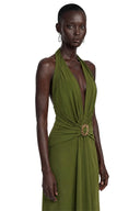 Jessamine Olive Green Halterneck Draped Maxi Dress