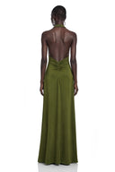 Jessamine Olive Green Halterneck Draped Maxi Dress