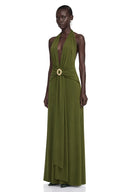 Jessamine Olive Green Halterneck Draped Maxi Dress