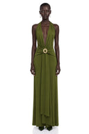 Jessamine Olive Green Halterneck Draped Maxi Dress