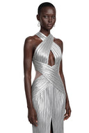 Quitterie Silver Metallic Ruched Halterneck Maxi Dress