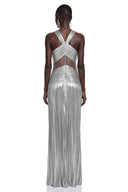 Quitterie Silver Metallic Ruched Halterneck Maxi Dress