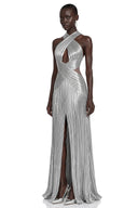 Quitterie Silver Metallic Ruched Halterneck Maxi Dress