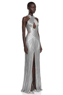 Quitterie Silver Metallic Ruched Halterneck Maxi Dress