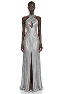 Quitterie Silver Metallic Ruched Halterneck Maxi Dress