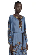 Neris Blue Printed Long Sleeve Midi Dress
