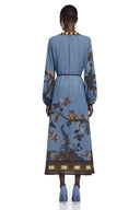 Neris Blue Printed Long Sleeve Midi Dress