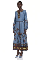 Neris Blue Printed Long Sleeve Midi Dress