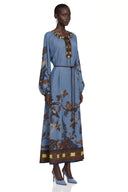 Neris Blue Printed Long Sleeve Midi Dress