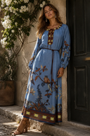 Neris Blue Printed Long Sleeve Midi Dress