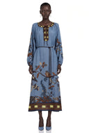 Neris Blue Printed Long Sleeve Midi Dress