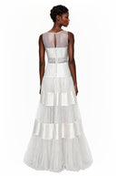 Vanelle White Mesh Panel Maxi Dress with Satin Stripes