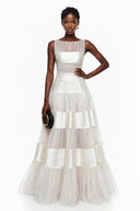 Vanelle White Mesh Panel Maxi Dress with Satin Stripes