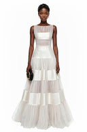 Vanelle White Mesh Panel Maxi Dress with Satin Stripes