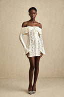 Esmarie floral lace flared-cuff mini dress in Neutrals