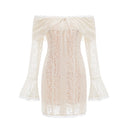 Esmarie floral lace flared-cuff mini dress in Neutrals