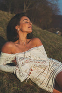 Esmarie floral lace flared-cuff mini dress in Neutrals