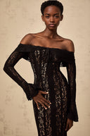Esmarie floral lace flared-cuff midi dress in Black