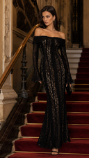 Esmarie floral lace flared-cuff midi dress in Black