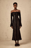 Esmarie floral lace flared-cuff midi dress in Black