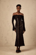Esmarie floral lace flared-cuff midi dress in Black