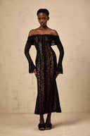 Esmarie floral lace flared-cuff midi dress in Black
