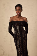 Esmarie floral lace flared-cuff midi dress in Black