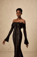 Esmarie floral lace flared-cuff midi dress in Black