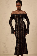 Esmarie floral lace flared-cuff midi dress in Black