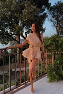 Cyrielle Floral-Appliqué Flounced Mini Dress in Neutrals
