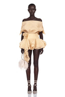 Cyrielle Floral-Appliqué Flounced Mini Dress in Neutrals