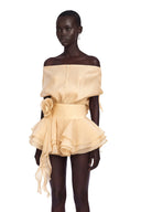 Cyrielle Floral-Appliqué Flounced Mini Dress in Neutrals