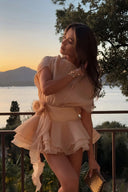 Cyrielle Floral-Appliqué Flounced Mini Dress in Neutrals
