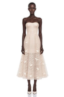 Althea Neutral Strapless Floral Appliqué Midi Dress