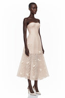 Althea Neutral Strapless Floral Appliqué Midi Dress