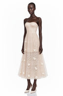Althea Neutral Strapless Floral Appliqué Midi Dress