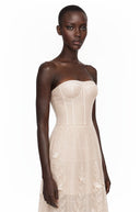 Althea Neutral Strapless Floral Appliqué Midi Dress