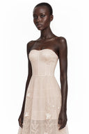 Althea Neutral Strapless Floral Appliqué Midi Dress