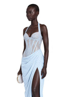 Josefina Blue Halterneck Maxi Dress with Lace Panels