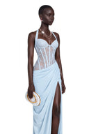 Josefina Blue Halterneck Maxi Dress with Lace Panels