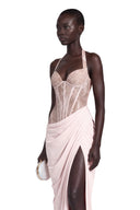 Josefina Pink Halterneck Maxi Dress with Lace Panels