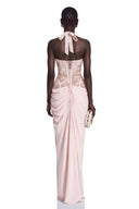 Josefina Pink Halterneck Maxi Dress with Lace Panels