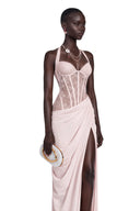 Josefina Pink Halterneck Maxi Dress with Lace Panels