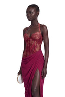 Josefina Red Halterneck Maxi Dress with Lace Panels