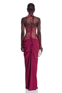 Josefina Red Halterneck Maxi Dress with Lace Panels